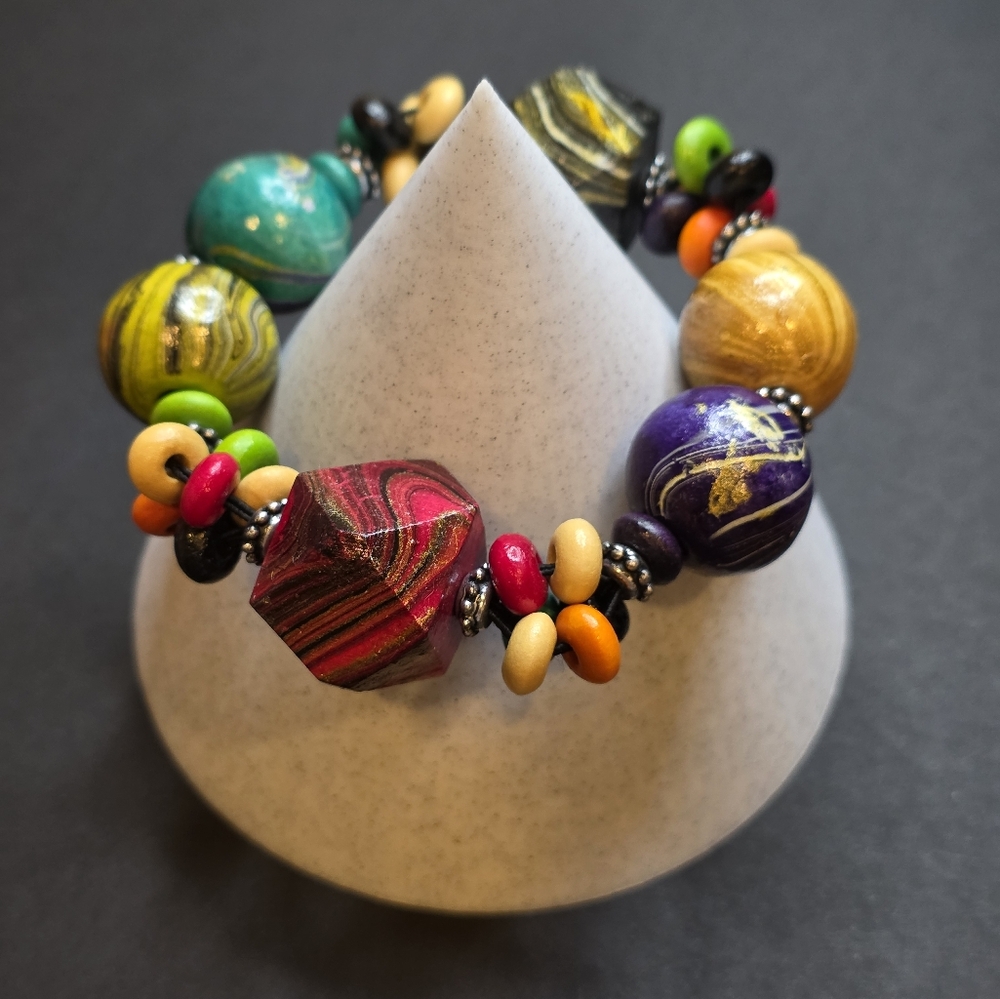 Vintage Wood Painted Beads Stretch Bracelet